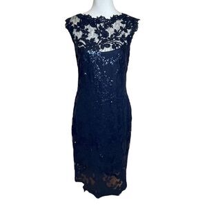 Tadashi Shoji Paillette Embroidered Lace Sheath Cocktail Dress Royal Navy Blue S